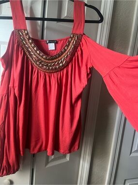 Venus women’s coral cold shoulder long sleeve beaded blouse size Large